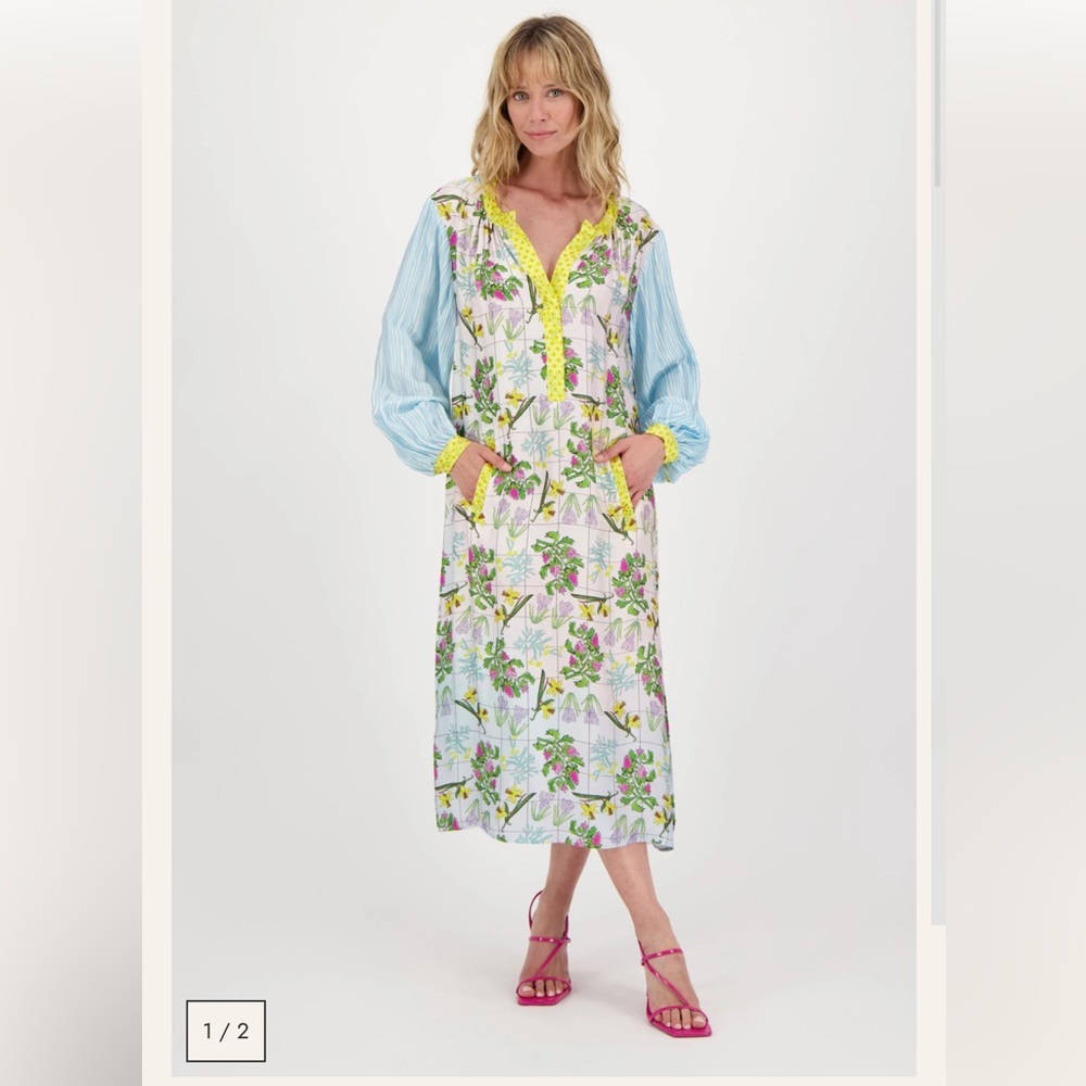 Floral Maxi Dress with Blue Pinstripe Sleeves and Yellow Trim